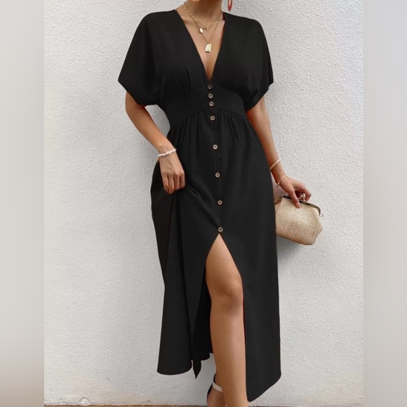 SHEIN Dresses & Skirts - Gently Used Batwing Sleeve Black Button-Down Maxi Dress